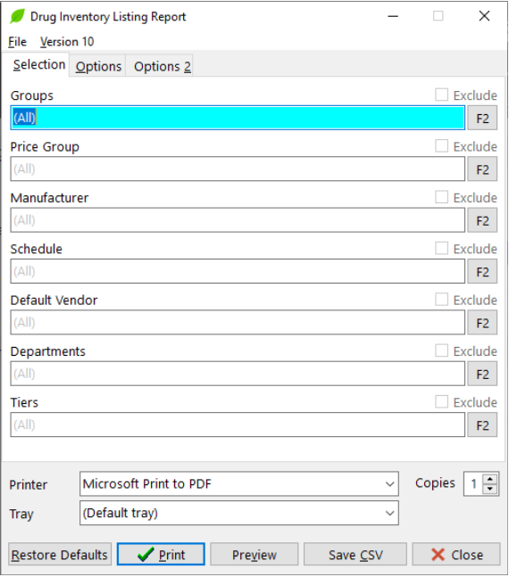 Kroll menu showing path to Drug Inventory Listing Report