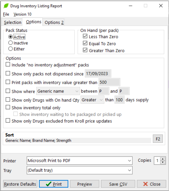 Kroll Options tab settings